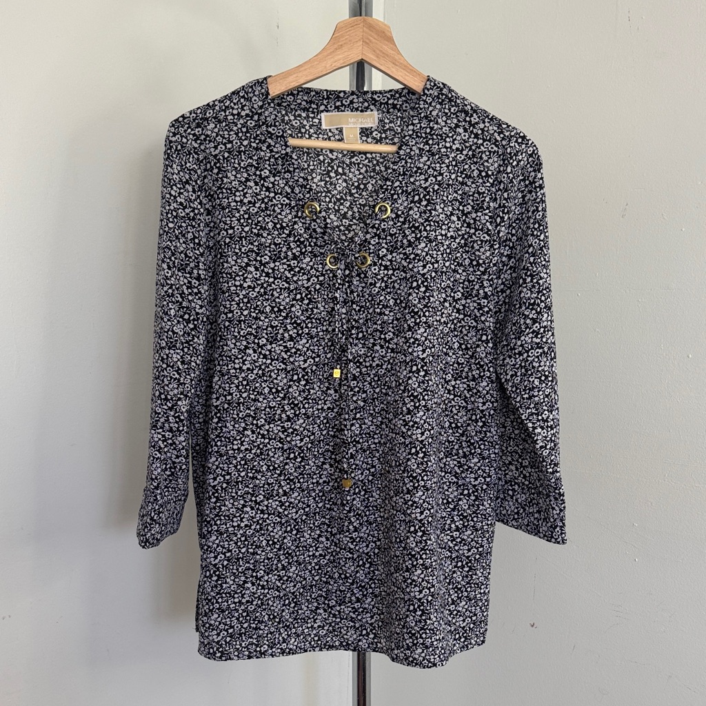 Michael Kors Black And White Floral Blouse Size M